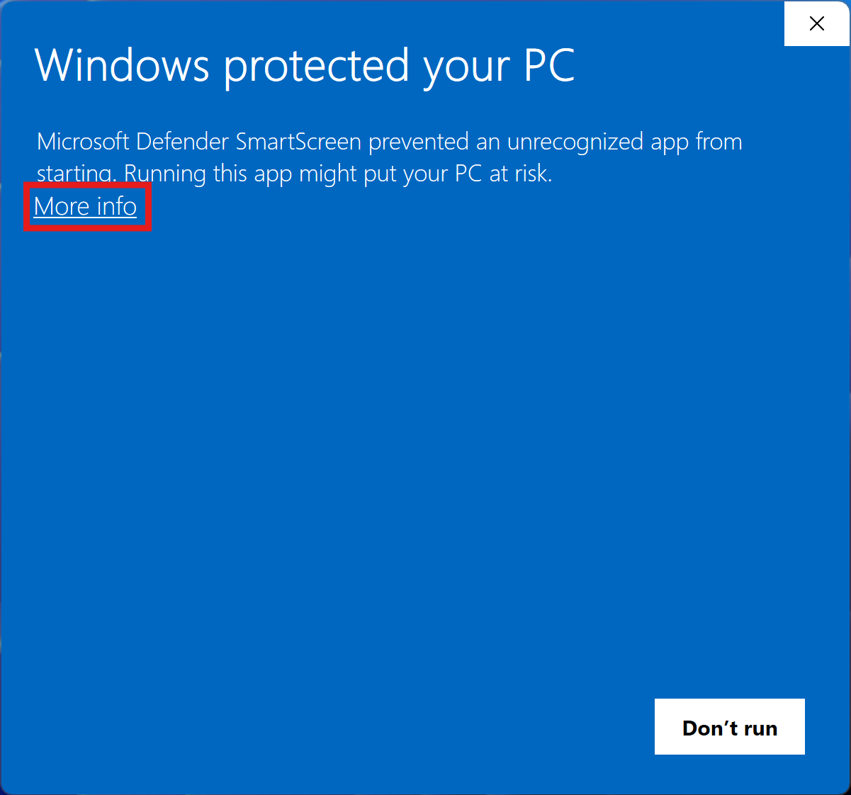 Windows SmartScreen dialog with the 'More info' link highlighted