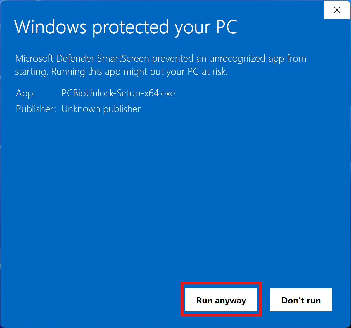 Windows SmartScreen dialog after clicking 'More info', with the 'Run anyway' button highlighted